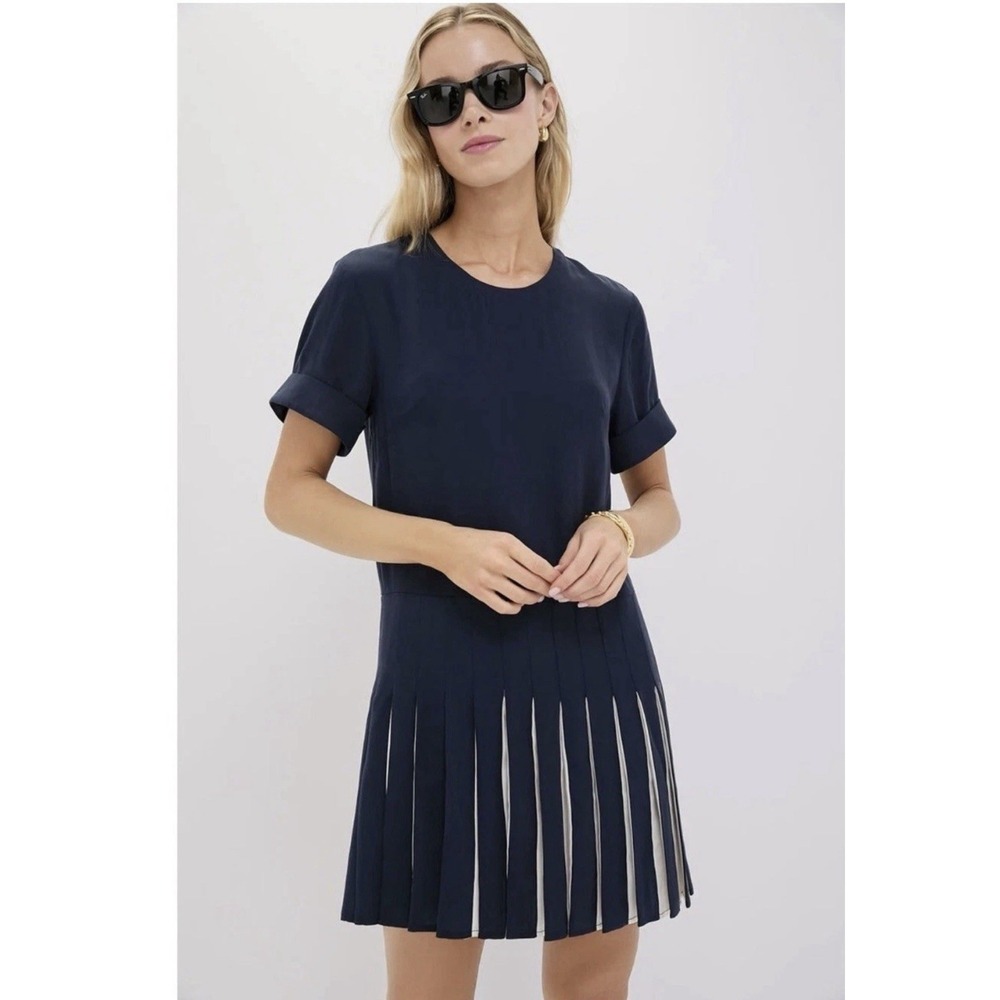 TUCKERNUCK‎ Navy Pleated Liza Dress Large New Tags Retail $248 Preppy Coastal